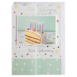 Geburtstagskarte Glimmer-Tortenstück mit Kerzen