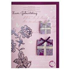 Geburtstagskarte Geschenke mit Schleife violett