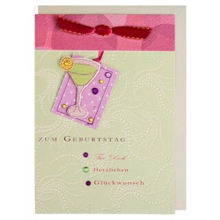 Geburtagskarte einen Cocktail handmade mit Schleife und Anhänger