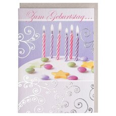 Geburtstagskarte Torte mit Kerzen und Smarties - pastell