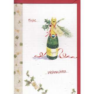 Weihnachtskarte Champagnerflasche mit Prägung und Glitzerstein