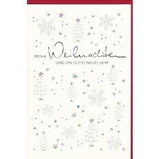 Weihnachtskarte weiß silber mit Holografie Schneeflocken, Christbaum, Sterne