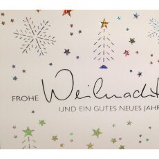Weihnachtskarte weiß silber mit Holografie Schneeflocken, Christbaum, Sterne