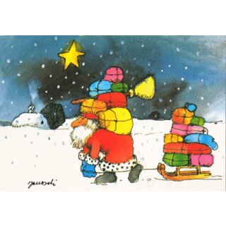 Janosch Weihnachtspostkarte Weihnachtsmann mit Geschenken beladen