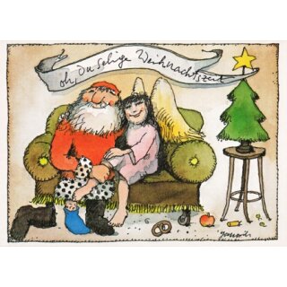 Janosch WeihnachtsPOSTkarte Weihnachtsmann und Engel kuscheln auf dem Sofa