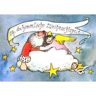Janosch WeihnachtsPOSTkarte Weihnachtsmann und Engel auf Wolke