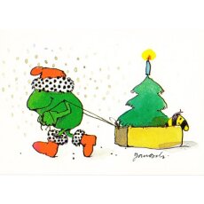 Janosch Weihnachtspostkarte Frosch bringt Christbaum mit Tigerente