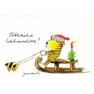 Janosch WeihnachtsPOSTkarte Tiger fährt Schlitten