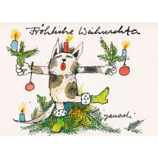 Janosch Weihnachtspostkarte Katze mimt Weihnachtsbaum