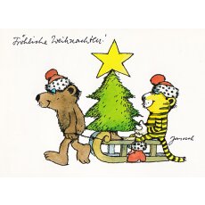 Janosch WeihnachtsPOSTkarte Bär und Tiger fahren...