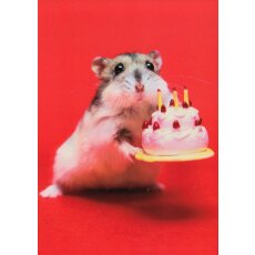 Geburtstags-Postkarte Hamster mit Geburtstagstorte