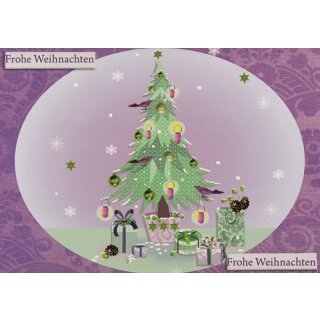 Weihnachtskarte grafisch lila grün Tannenbaum A6