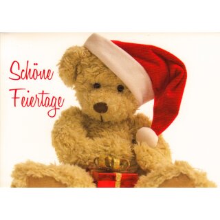 Weihnachtskarte Schöne Feiertage Teddybär mit Weihnachtsmütze und Geschenk Din A6