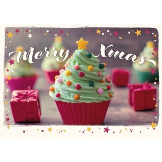 WeihnachtsPOSTkarte Cupcake Tannenbaum Merry XMas mit Glitzer