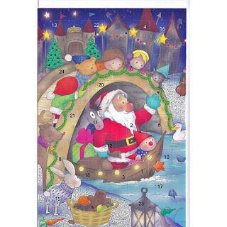 Adventskalenderkarte Weihnachtsmann im Boot - die Kinder staunen