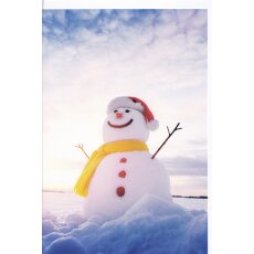 Winter-Grußkarte Lachender Schneemann im Sonnenaufgang
