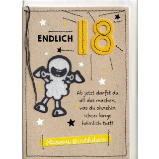Geburtstagskarte handgefertigt - zum 18. Geburtstag - Sheepworld