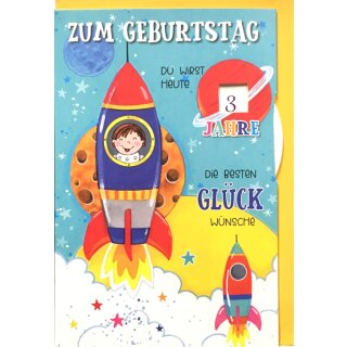 Kinder-Geburtstagskarte Rakete mit Drehrad 1-10 Jahre
