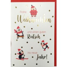 Weihnachtskarte Pinguine weiß rot gold